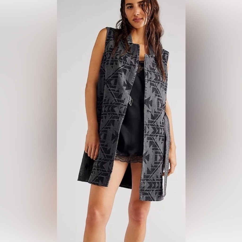 Free People Longline Geometric Denim Vest